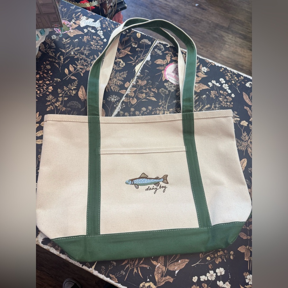 Dairy Boy Fish Canvas Tote Bag in Cream and Green
